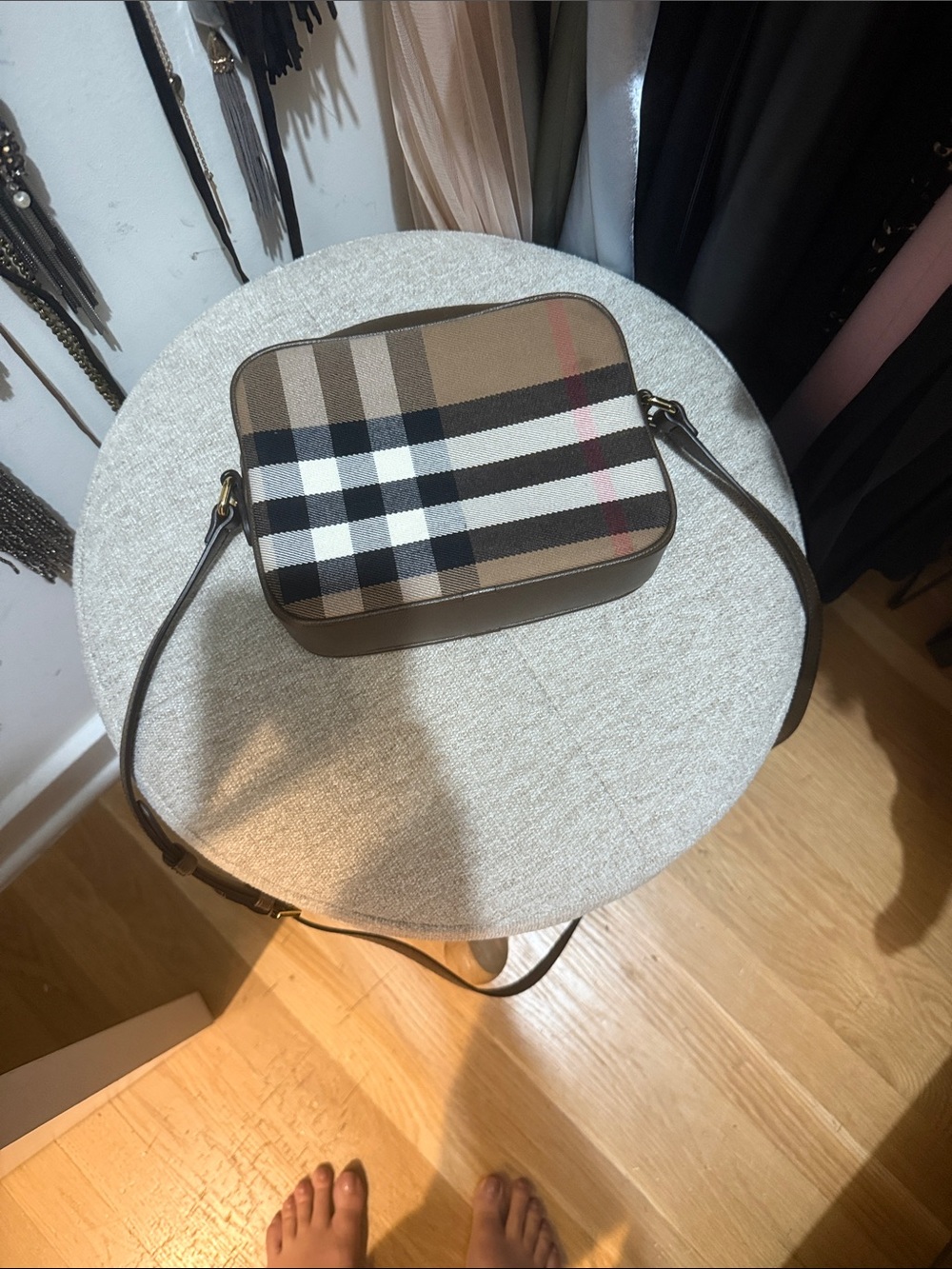 Burberry Plaid Leather-Trim Crossbody in Beige, Black and White